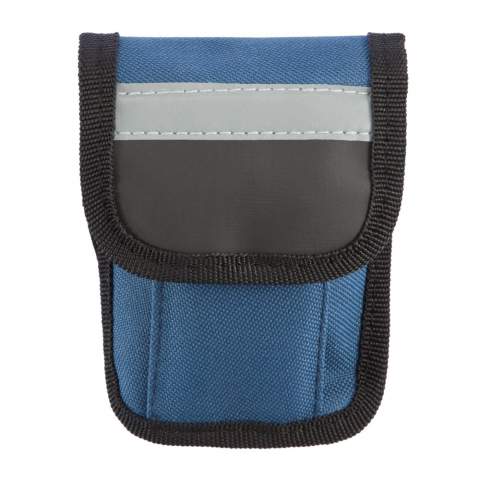 Blue pouch with reflective line on top, including 15 functions multitool with slotted screwdriver, cross-head screwdriver, nut driver, hex keys: 2mm, 2,5mm, 3mm, 4mm, 5mm, 6mm, wrenches: 8mm, 10mm, 15mm, spoke wrench: 14GE, sockets: 8mm, 9mm, 10mm, set with black plastic rack, 2 nickel plated tyre levers, tube glue, grinder and 3 rubber patches.