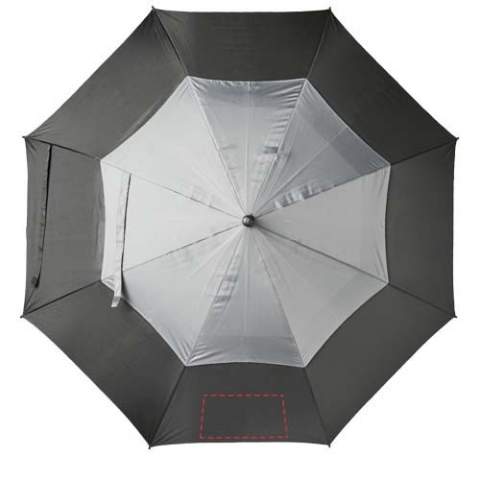 Automatic opening umbrella. Vented pongee canopy. Metal shaft with fiberglass ribs. Including matching pongee storage pouch.