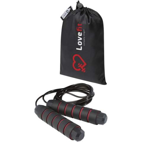 Professional skipping rope for adults with ergonomically shaped soft foam handles, providing a firm and comfortable grip during the workout. The length of the rope is 310 cm which allows for easy skipping for adults up to 195 cm in length. The length of the rope is adjustable and has a built-in high-quality, 360° rotatable, high-speed ball bearing to ensure smooth effortless rotation and avoid tangling. Delivered with a storage pouch (21 x 14 cm) made from recycled PET plastic, which provides a great area for printing a logo.