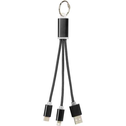 Metal 3-in-1 Charging Cable with Key-ring. The Metal 3-in-1 Charging Cable with Key-ring features a 1 type C, 1 USB type A and a 2-in-1 dual compatible tip for both Apple iOS and Android devices. Comes with a key chain. To charge Apple devices put the cable with the side that has no pins in the device and to charge Android devices put the cable with the side that has pins in the device. .
