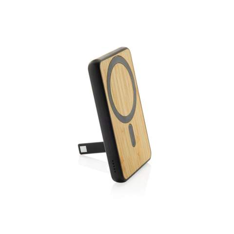 5.000 mAh pocket size powerbank with 5W magnetic wireless charger with a case made out of RCS certified recycled ABS plastic and FSC certified bamboo.. RCS (Recycled Claim Standard) is a standard to verify the recycled content of a product throughout the whole supply chain. Total recycled content: 22 % based on total item weight.The powerbank contains a long lasting grade A 5.000 mAh lithium polymer battery. With integrated phone stand. The power indicators will indicate the remaining energy level so you always know when to re-charge.; Type-C Input 5V/2.4A; Type C output:5V/2A.4A Item and accessories PVC free. Including RCS certified recycled TPE charging cable. Packed in FSC® mix packaging.<br /><br />WirelessCharging: true<br />PowerbankCapacity: 5000<br />PVC free: true