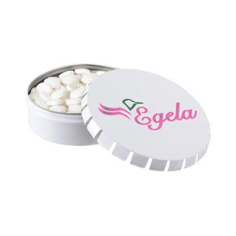 Clic-clac tin white with fullcolour print on the lid and filled with approx. 50 gram sugar free mints