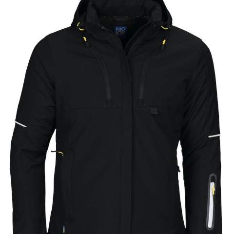 • functionele drielagige softshell voor dames<br />• gewatteerde voering<br />• wind- en waterafstotend<br />• afneembare en verstelbare capuchon<br />• twee schuinlopende, verticale borstzakken, de linker met telefoonzakje<br />• twee zijzakken met ritssluiting<br />• mouwzakje met ritssluiting<br />• ventilatiegaten met ritssluiting onder de armen<br />• verlengd rugpand<br />• reflecterende biezen op de mouwen en rug<br />• met fleece gevoerde kraag en zijzakken<br />• aanpasbare taille met trekkoord<br />• aanpasbare manchetten met velcro<br />• WP 8000, MVP 8000