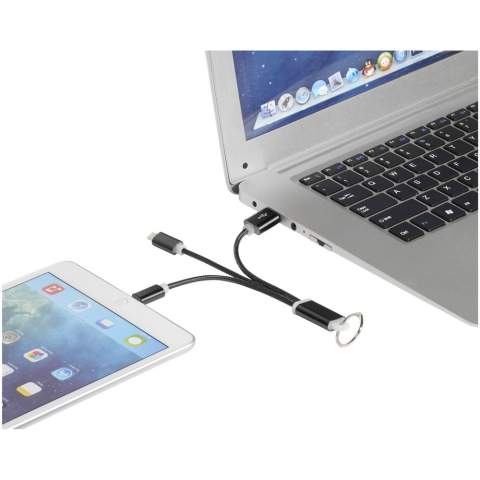 Metal 3-in-1 Charging Cable with Key-ring. The Metal 3-in-1 Charging Cable with Key-ring features a 1 type C, 1 USB type A and a 2-in-1 dual compatible tip for both Apple iOS and Android devices. Comes with a key chain. To charge Apple devices put the cable with the side that has no pins in the device and to charge Android devices put the cable with the side that has pins in the device. .