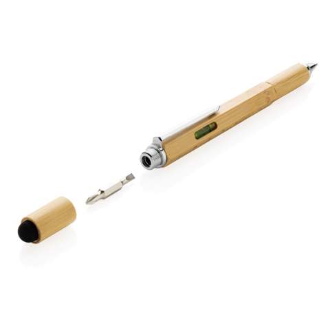 Multifunktions-Bambusstift mit Lineal (7 cm), Wasserwaage, Schraubendreher, Stylus-Spitze und Kugelschreiber mit 400m blauschreibender Tinte. Aus Bambusmaterial mit Aluminiumclip.