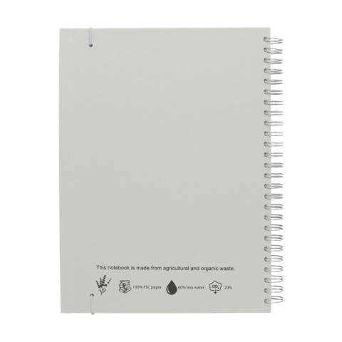 WoW! DNotebook in A5 format. With ca. 100 sheets/200 pages of lined paper (80 g/m²), a strong wire-o binding and elastic closure. The hardcover consists of 15% agricultural and organic waste such as tomatoes, peppers, plants and onions. This waste is mixed with recycled paper from Europe. A handy notebook for taking notes and writing down ideas.