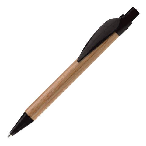 Stylo bille écologique en bambou avec clip en forme de feuille de bambou. Bouton poussoir et partie inférieure de couleur. Cartouche d'encre noire X-20. Impression possible sur le clip.