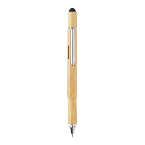 Multifunctionele bamboe pen met liniaal (7cm), waterpas, schroevendraaier, stylus pen en balpen met blauwe schrijfinkt (tot 400m) Gemaakt van bamboe materiaal met aluminium clip