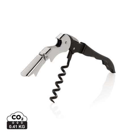 This waiters corkscrew is a classic corkscrew design that has a foil cutter blade, a two stage cork lifter and bottle opener. Packed in gift box.