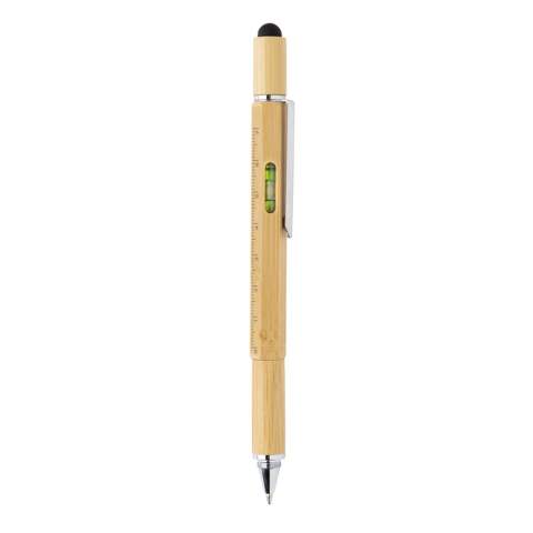Stylo multifonction en bambou avec règle (7 cm), niveau à bulle, tournevis, pointe de stylet et stylo à bille avec encre bleue (jusqu'à 400 m) Fabriqué en bambou avec clip en aluminium.