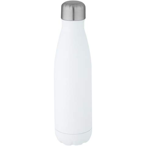 Bouteille en acier inoxydable recyclé certifiée RCS, isolée sous vide, au design emblématique. Dotée d'une base qui s'adapte à la plupart des porte-gobelets, cette bouteille d'eau à l'allure élégante est un article promotionnel parfait. Testé et approuvé en vertu de la législation allemande sur la sécurité alimentaire (LFGB), et testé pour la teneur en phtalates conformément à la réglementation REACH. Capacité de 500 ml. Livrée dans un coffret cadeau en carton recyclé. Garde les boissons chaudes pendant 12 heures et froides pendant 24 heures.