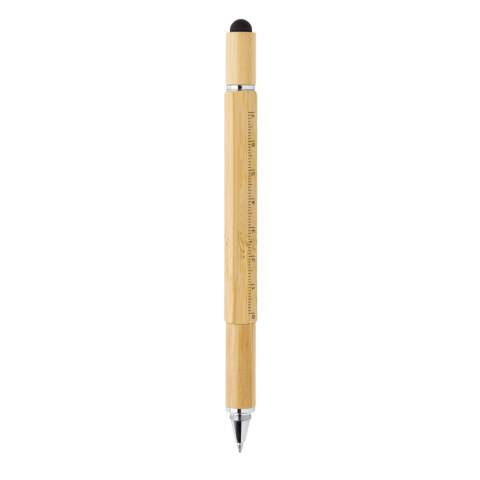 Stylo multifonction en bambou avec règle (7 cm), niveau à bulle, tournevis, pointe de stylet et stylo à bille avec encre bleue (jusqu'à 400 m) Fabriqué en bambou avec clip en aluminium.