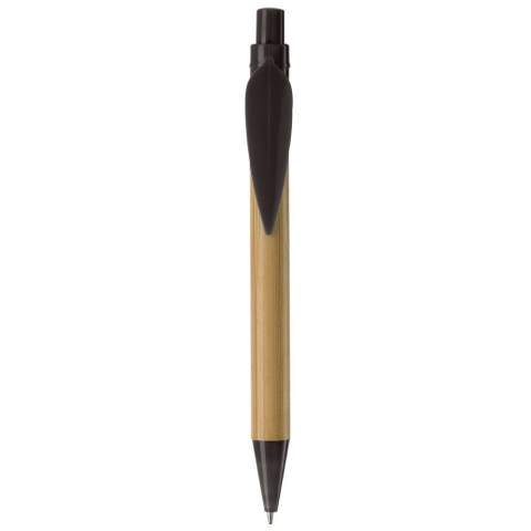 Stylo bille écologique en bambou avec clip en forme de feuille de bambou. Bouton poussoir et partie inférieure de couleur. Cartouche d'encre noire X-20. Impression possible sur le clip.