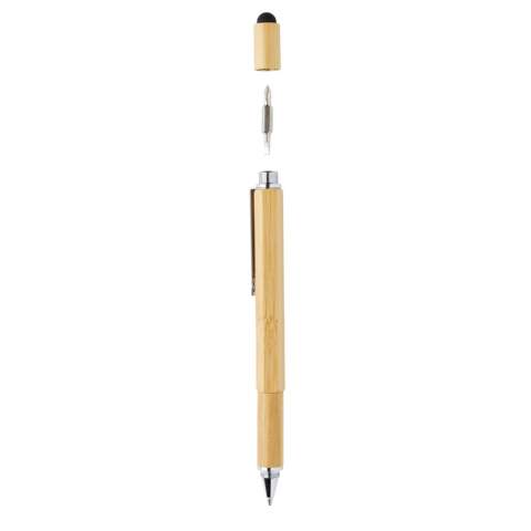 Multifunctionele bamboe pen met liniaal (7cm), waterpas, schroevendraaier, stylus pen en balpen met blauwe schrijfinkt (tot 400m) Gemaakt van bamboe materiaal met aluminium clip