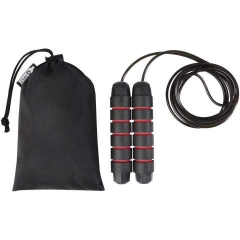 Professional skipping rope for adults with ergonomically shaped soft foam handles, providing a firm and comfortable grip during the workout. The length of the rope is 310 cm which allows for easy skipping for adults up to 195 cm in length. The length of the rope is adjustable and has a built-in high-quality, 360° rotatable, high-speed ball bearing to ensure smooth effortless rotation and avoid tangling. Delivered with a storage pouch (21 x 14 cm) made from recycled PET plastic, which provides a great area for printing a logo.