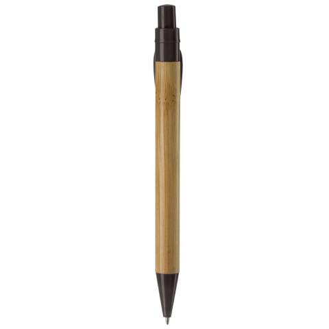 Stylo bille écologique en bambou avec clip en forme de feuille de bambou. Bouton poussoir et partie inférieure de couleur. Cartouche d'encre noire X-20. Impression possible sur le clip.