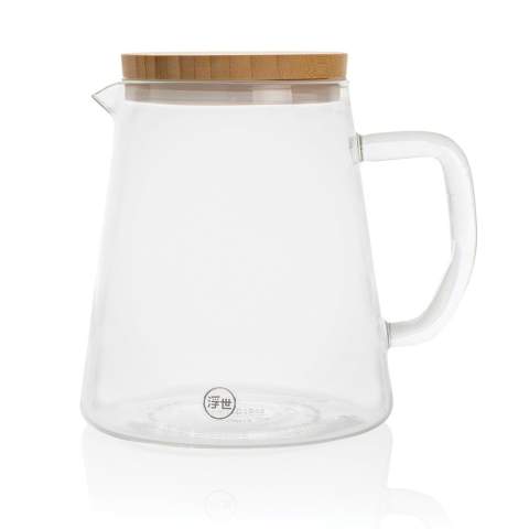 This Ukiyo carafe will upgrade any dining table! The beautiful carafe is crafted from durable borosilicate glass and will withstand different temperatures- serve ice cold drinks or warming tea, whatever you fancy! The modern shape and clean lines will suit any table. The bamboo lids adds a natural touch. Capacity 1.2L.