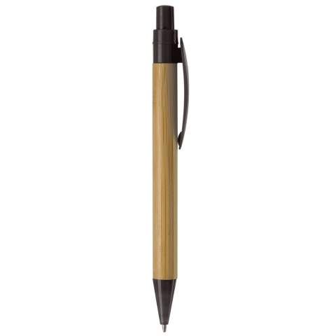 Stylo bille écologique en bambou avec clip en forme de feuille de bambou. Bouton poussoir et partie inférieure de couleur. Cartouche d'encre noire X-20. Impression possible sur le clip.