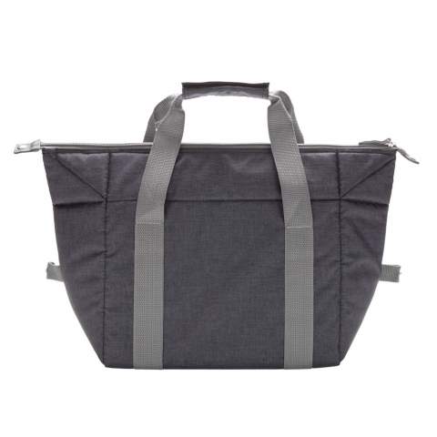Medium size 600D tote cooler bag. Can hold up to 26 cans. Can be easily transformed to a duffle bag by closing the side buttons. With front sleeve pocket.