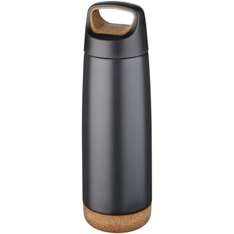 Double-wall stainless steel vacuum construction with copper insulation, which allows beverages to stay cold for 48 hours or hot for at least 12 hours. The construction also prevents condensation on the outside of the bottle. Screw-on lid with cork design details as well as a skid-proof bottom. Volume capacity is 600ml. Presented in an Avenue gift box.