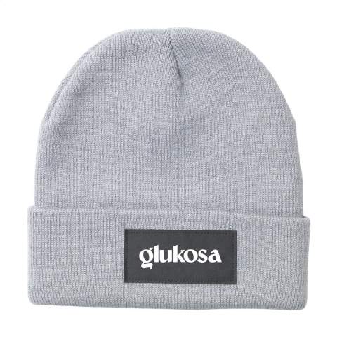 WoW! Knitted hat with fold over. Made from 100% RPET polyester. A popular item, keeps you nice and warm with good quality material. One-size. With black label for decoration. GRS-certified. Total recycled material: 100%.