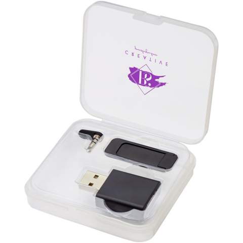 Digital privacy kit including a USB data blocker, a webcam blocker, and an audio jack blocker. The USB data protector prevents accidental data exchange when connecting a mobile device to a computer or public charging station. The item will block any data transfer while the device is being charged, preventing data from being stolen or malware being installed. The webcam blocker can be attached in front of the laptop webcam to block any unwanted access to the the webcam. The audio jack blocker can be placed in the AUX port of the device to avoid third parties listening in to conversations. Delivered in a protective box.