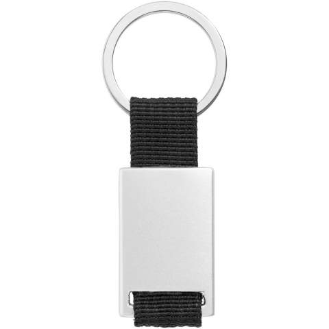 Rechthoekige sleutelhanger. Houd je sleutels veilig samen met deze moderne sleutelhanger. Aluminium met gekleurde polyester band. Geleverd in een zwarte geschenkverpakking.