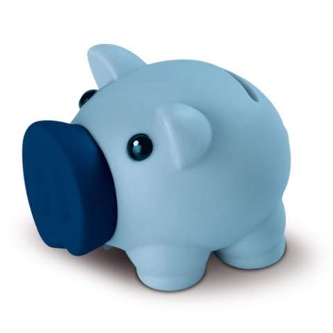 Small piggy bank made of plastic. From 5,500 pieces custom colors possible.