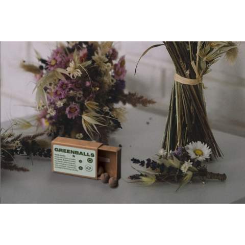 WoW! Ein Mini-Ökosystem, das die Samen vor Vögeln, Ameisen und Schnecken schützt und sie mit Nahrung versorgt, während sie keimen und wachsen.  Die Samen bestehen aus einer Mischung aus: Saat-Wucherblume, Vergissmeinnicht, Weiße Lichtnelke, Klatschmohn, Kornblume, Acker-Hundskamille und Wilder Majoran.   Zur Inspiration für den Anbau einheimischer Wildblumen in Gärten, auf Balkonen und in Blumenkästen. Mehr Blumen bedeuten mehr Bienen, Schmetterlinge und andere Wildtiere, die unsere Nahrungskette und unser Ökosystem unterstützen. Verpackt pro 6 Kugeln in einer Schachtel aus recyceltem Karton. Pro Set in einer Verpackung.