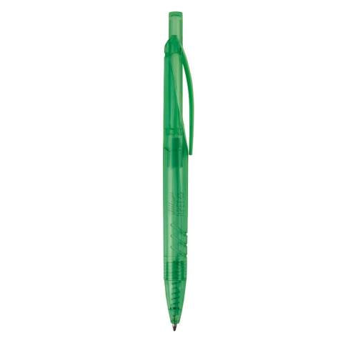 Deze transparante balpen is gemaakt van gerecyclede PET-flessen. Een verantwoorde keuze in transparante kleuren. Bevat een kunststof blauwschrijvende X20 vulling.