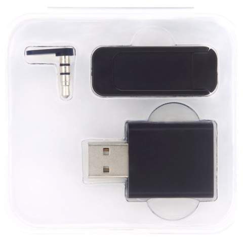 Digital privacy kit including a USB data blocker, a webcam blocker, and an audio jack blocker. The USB data protector prevents accidental data exchange when connecting a mobile device to a computer or public charging station. The item will block any data transfer while the device is being charged, preventing data from being stolen or malware being installed. The webcam blocker can be attached in front of the laptop webcam to block any unwanted access to the the webcam. The audio jack blocker can be placed in the AUX port of the device to avoid third parties listening in to conversations. Delivered in a protective box.