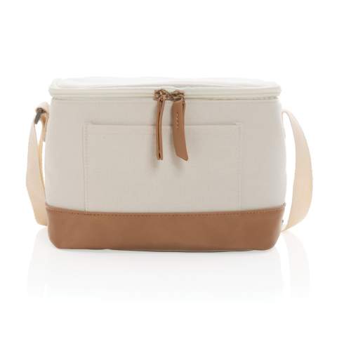 Pack your favourite food or beverages in this chic cooler bag! The cooler bag will easily fit 6 cans and features an open front pocket and handle for easy carrying. Made with high quality 16oz. recycled canvas and beautiful PU details. With AWARE™ tracer that validates the genuine use of recycled cotton.  2% of proceeds of each Impact product sold will be donated to Water.org. Composition 60% recycled cotton and 40% recycled polyester. Lining in PEVA.<br /><br />PVC free: true