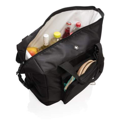 Deluxe 1680D and 600D polyester cooler tote bag with extra-large zipped main compartment and zipped front pocket. Can be easily transformed to a cooler duffle bag by closing the side straps. Huge 40L storage space; fits up to 10 x 1.5L bottles or 52 cans. Double reinforced carrying handles. Removable adjustable shoulder strap. Including beer opener. PEVA insulation.<br /><br />PVC free: true
