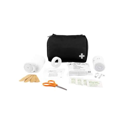 24-delig, inclusief verband, medische handschoenen, schaar en medisch tape in nylon etui, de inhoud is vlak gepakt zodat de volledige set door de brievenbus past, 200gr, conform EN 13485:2016.