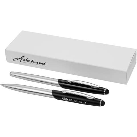 Geneva stylus ballpoint pen and rollerball pen set. Sophisticated silhouette stylus ballpoint pen and rollerball pen featuring a matte upper barrel with shiny chrome lower barrel and matching chrome accents in Avenue sliding pen gift box (size: 16.9 x 5.2 x 2cm). Metal. 