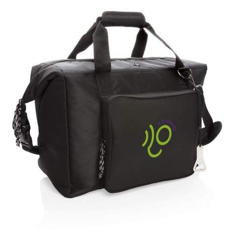Deluxe 1680D and 600D polyester cooler tote bag with extra-large zipped main compartment and zipped front pocket. Can be easily transformed to a cooler duffle bag by closing the side straps. Huge 40L storage space; fits up to 10 x 1.5L bottles or 52 cans. Double reinforced carrying handles. Removable adjustable shoulder strap. Including beer opener. PEVA insulation.<br /><br />PVC free: true