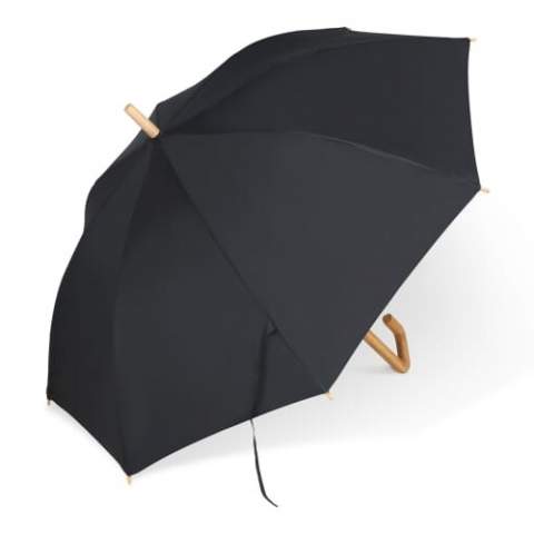 Stick umbrella made of R-PET with a signature Toppoint design wooden hook handle. The fibreglass frame makes the umbrella is storm proof. The tips are made of bamboo and the shaft is metal for better recycling. The heather material gives this umbrella a luxurious look (the black is a solid colour).