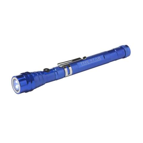 Stainless steel torch with 3 bright white energy efficient LED lights. Equipped with a telescopic function, extendable to 56.5 cm, flexible, magnetic top and clip. Batteries incl. Each item is individually boxed.