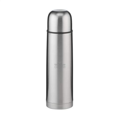 Double-walled, vacuum-insulated, stainless steel thermo bottle. Extremely durable and unbreakable. The vacuum between the walls insulates the contents and keeps drinks hot or cold for a longer period of time. With screw cap/drinking cup and handy push-pour system. Leak proof. Capacity 500 ml. Each item is individually boxed.