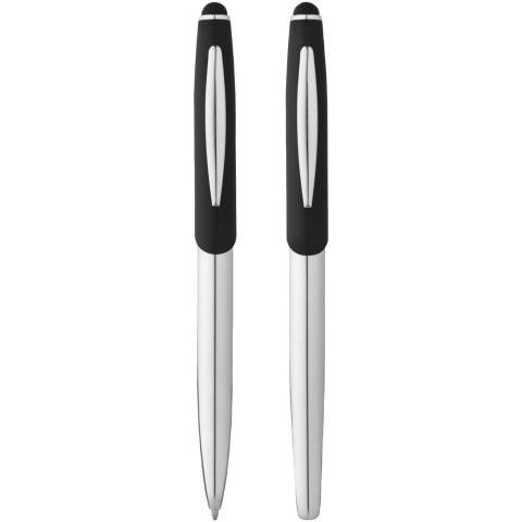 Geneva stylus ballpoint pen and rollerball pen set. Sophisticated silhouette stylus ballpoint pen and rollerball pen featuring a matte upper barrel with shiny chrome lower barrel and matching chrome accents in Avenue sliding pen gift box (size: 16.9 x 5.2 x 2cm). Metal. 