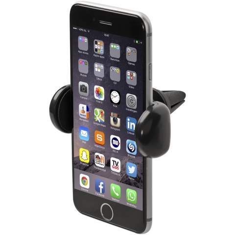 Phone holder that fits into the dashboard air vent in a car, and keeps a mobile phone in a convenient and secure position. Compatible with all phones. It has 360 degree rotation with a bilateral opening.