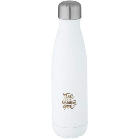 Bouteille en acier inoxydable recyclé certifiée RCS, isolée sous vide, au design emblématique. Dotée d'une base qui s'adapte à la plupart des porte-gobelets, cette bouteille d'eau à l'allure élégante est un article promotionnel parfait. Testé et approuvé en vertu de la législation allemande sur la sécurité alimentaire (LFGB), et testé pour la teneur en phtalates conformément à la réglementation REACH. Capacité de 500 ml. Livrée dans un coffret cadeau en carton recyclé. Garde les boissons chaudes pendant 12 heures et froides pendant 24 heures.