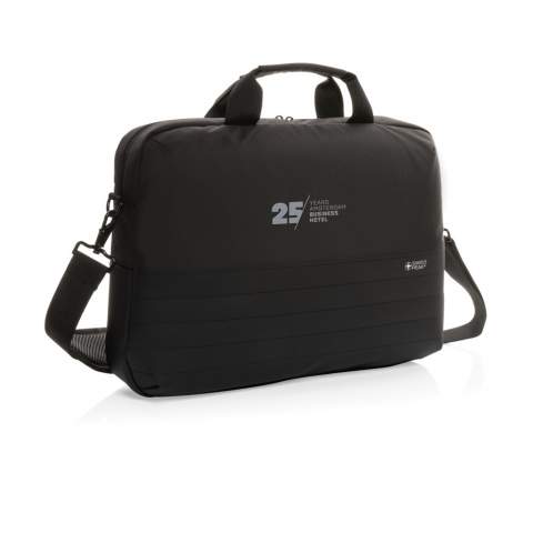 This Swiss Peak AWARE™ 15.6” laptop bag offers unique style and storage for your laptop and tablet. With pockets to organise all of your tech gadgets and personal accessories. RFID pockets for your wallet and passport. Back includes zippered pocket and trolley strap. Each bag has reused 20.3 PET bottles. 2% of proceeds of each Aware™ product sold will be  donated to Water.org.<br /><br />FitsLaptopTabletSizeInches: 15.6<br />PVC free: true