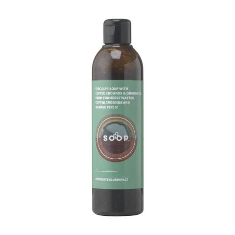 WoW! Bouteille de savon liquide naturel. Avec du marc de café recyclé ou des pelures d'orange comme ingrédients. Caractéristiques : l'agréable parfum naturel, le gommage naturel, le pouvoir nettoyant et la couleur du café ou des agrumes. Végétalien et exempt d'expérimentation animale. Fabriqué en Hollande. Contenu 250 ml. Optionnel : Chaque article peut être fourni dans une boite individuelle en papier kraft marron.