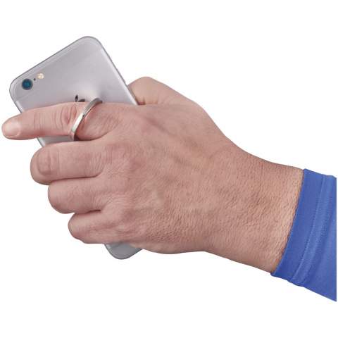 This aluminium ring can be lifted up to be used as a stand or to hold your device in your hand. Ring can be rotated 360 degrees. Adhesive backing attaches firmly to the back of a smartphone.
