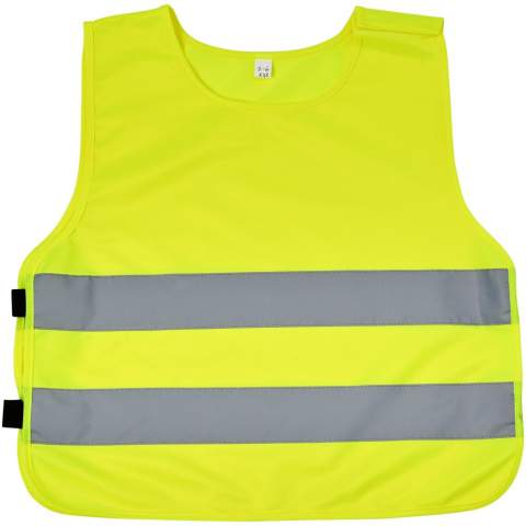 High visibility vest in XXS size suitable for kids age 3-6 years with a height between 70-104 cm. Large decoration area on the front and on the back of the vest. On the shoulder and the bottom elastic bands there are hook & loop closures, that offers extra safety and makes the vest easy to put on. The elastic bands on the other side makes it stretchable allowing easy wearing on thick coats. The vest is tested and certified under regularions EN 1150:1999. It also adheres to the PPE guidelines on application of Regulation (EU) 2016/425 Personal Protective Equipment Category II.
