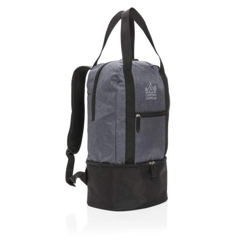 This two tone 500D polyester backpack has a main compartment for your beach gear and a bottom cooler compartment with space for up to 8 cans. Easy switch to tote bag with the straps.<br /><br />PVC free: true