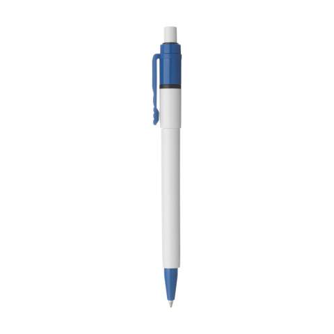 Blue ink ballpoint pen with coloured clip and point. Made in Italy.
