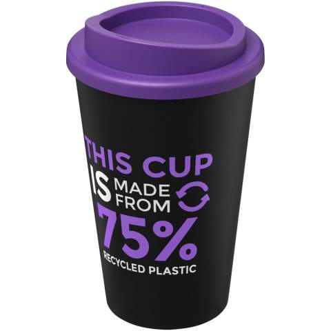 Double-walled insulated tumbler with twist-on lid. The tumbler is made of 100% recycled PP Plastic, and the lid is made of food grade PP Plastic. Since the lid is not made of recycled material it can be ordered in a wide range of different colours. Mug is fully recyclable. The shades of black or white may vary, and the white option has a texture colour effect and may include tints of colour, due to the nature of the recycled material. Volume capacity is 350 ml. Made in the UK. Packed in home compostable bag. BPA-free.
