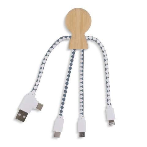 Mr. Bio Bamboo ist unser neuestes Multiladekabel mit einem dualen USB- und USB-C-Eingangsanschluss und drei Anschlüssen zum Laden Ihrer Geräte. Es ist aus Bambus und DuPont Tyvek-Kabeln hergestellt. Es wird in einem eleganten, nachhaltigen FSC-Papierumschlag verpackt.